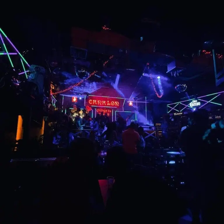 Disco atmosphere with neon lights and an audience enjoying the music in a nightclub.