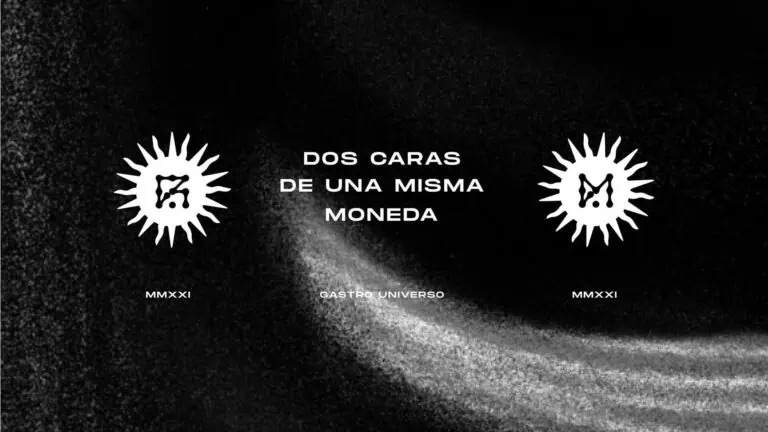 Two sides of the same coin on a black background with a galaxy, a minimalist design with symbols and white text, related to events and culture in Colombia.