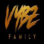 VIBE FAMILY logo in a modern and bold style with gold lettering and a black background, representing community and energy at family events and gatherings, whether online or in person.