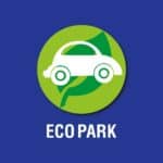 Vehículo ecológico en un logotipo de parque ecológico, símbolo de movilidad sostenible y cuidado ambiental, promoviendo ecoparques y transporte limpio en Colombia.