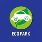An eco-friendly vehicle in an eco-park logo, a symbol of sustainable mobility and environmental stewardship, promoting eco-parks and clean transportation in Colombia.