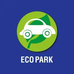 Un véhicule écologique dans le logo d'un éco-parc, symbole de mobilité durable et de protection de l'environnement, promouvant les éco-parcs et les transports propres en Colombie.