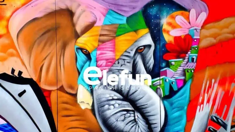 Artistic collaboration of a colorful mural featuring an elephant and abstract elements at the Elefun Spanish school.