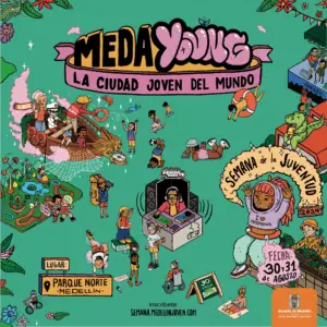 Jongeren nemen deel aan culturele en sportieve evenementen in Medellín tijdens de Jeugdweek van 2024, ter promotie van inclusie, talent en plezier in Parque Norte.