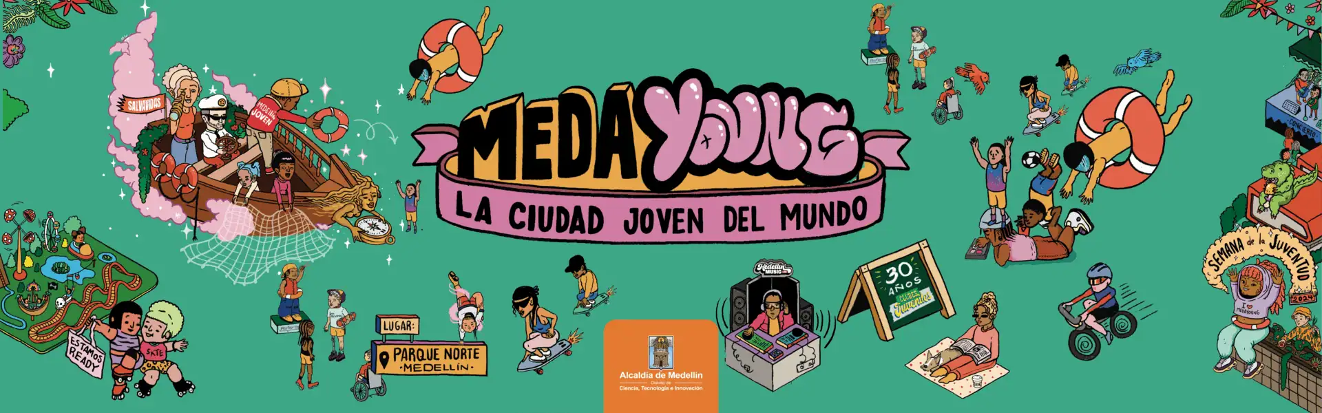 Jeugdplezier in Medellín, een jeugdevenement in Parque Norte met activiteiten zoals skateboarden, fietsen, livemuziek en ontspanningsruimtes, ter promotie van de jeugd en innovatie in de stad.