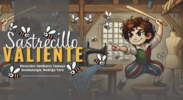 Vous voyez Reina, une jeune femme pleine d'imagination et de style dans un atelier de couture avec des abeilles, dans une image colorée et vivante pour promouvoir la pièce « Brave Tailor ».