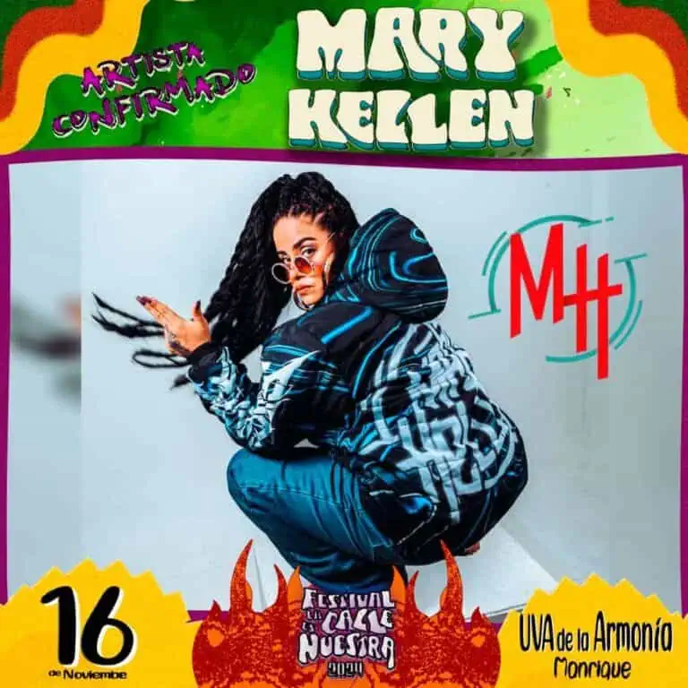 Événement musical de Mary Kellen à l'UVA de la Armonía à Moniquirá, mettant en vedette un artiste confirmé pour le festival de musique de novembre, avec des couleurs vibrantes et un design saisissant.