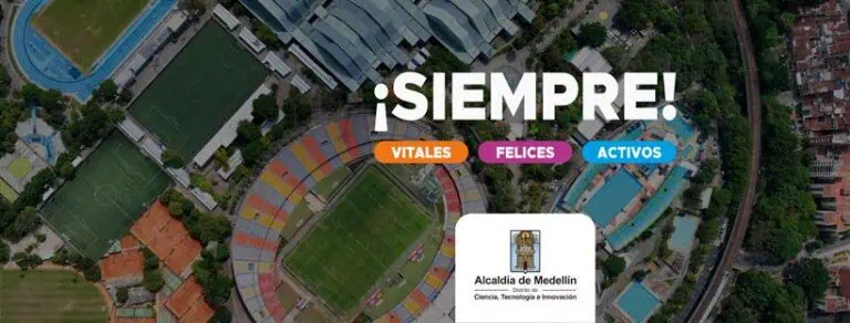 麦德林市政厅，创新与科技盛会，体育场及城市环境鸟瞰图，促进哥伦比亚麦德林的文化与科技活动，体育与文化活动空间。