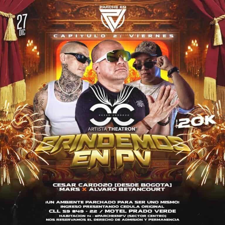 Diversos artistas de EDM en una actuación en un escenario con efectos visuales y fuegos artificiales, promocionando el evento "Brindemos en PV" con César Cardozo, Mars y Alvaro Betancourt.