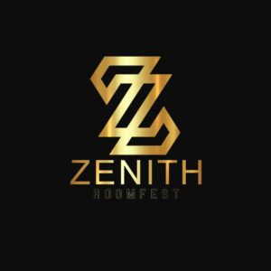 Logo de Zenith Roomfest en tonos dorados sobre fondo negro, representando elegancia y estilo para eventos y fiestas exclusivas. Diseño moderno con un toque lujoso para promover eventos únicos y sofisticados.