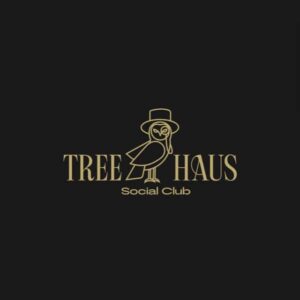 Árbol de Navidad decorado en el logotipo del Club Social Tree Haus, con un búho con sombrero, en estilo minimalista, en tonos dorados sobre fondo negro.
