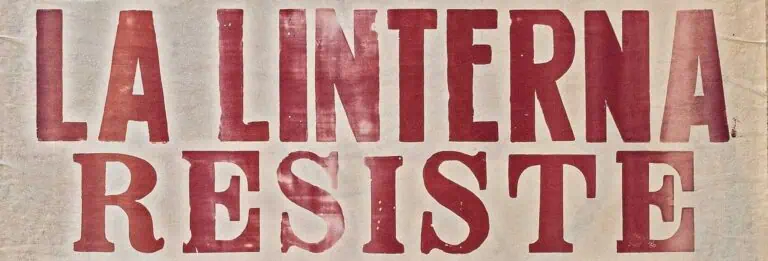 Lámina con texto "La LINterna de Resiste" en letras grandes y rojas, estilo vintage, en un fondo de pared de cemento con textura, ideal para eventos y promoción en Colombia.
