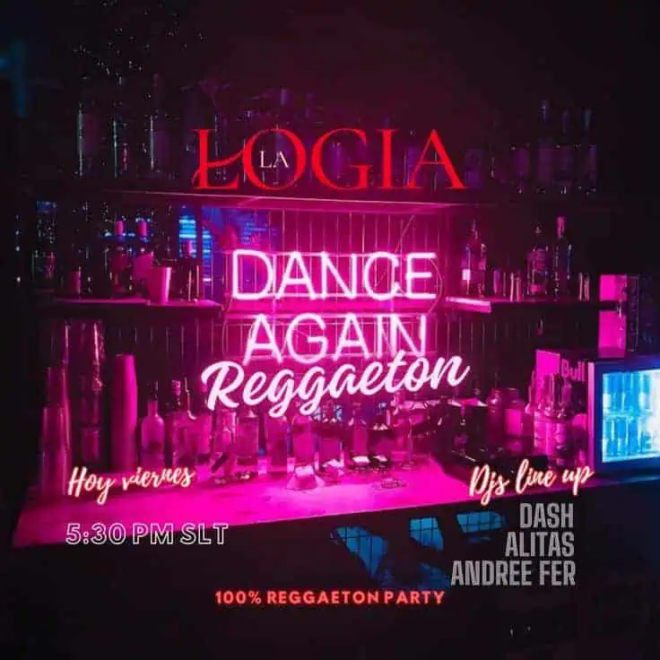 Bar reggaeton con luci al neon rosa e viola, che promuove un evento serale di musica e ballo reggaeton, con un'atmosfera festosa e una programmazione di DJ, ideale per gli amanti della musica urbana e delle feste notturne in Colombia.