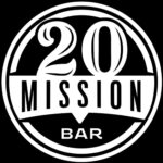 Barra de misión 20, logotipo en blanco y negro, diseño moderno, ideal para bares y eventos, resaltando el concepto de misión y comunidad en el sector de entretenimiento.