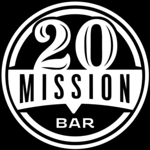 Barra de misión 20, logotipo en blanco y negro, diseño moderno, ideal para bares y eventos, resaltando el concepto de misión y comunidad en el sector de entretenimiento.