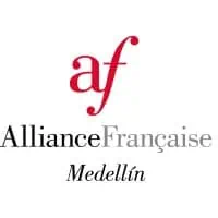 Organisateur d'événements professionnels avec le logo de l'Alliance Française Medellín, en couleurs rouge et noir sur fond blanc.