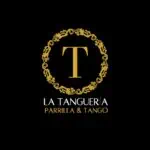 Elegant logo of La Tanguería Parrilla y Tango with a golden letter T on a decorative black crown and black background.