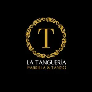 Logo élégant de La Tanguería Parrilla y Tango avec une lettre T dorée sur une couronne noire décorative et un fond noir.