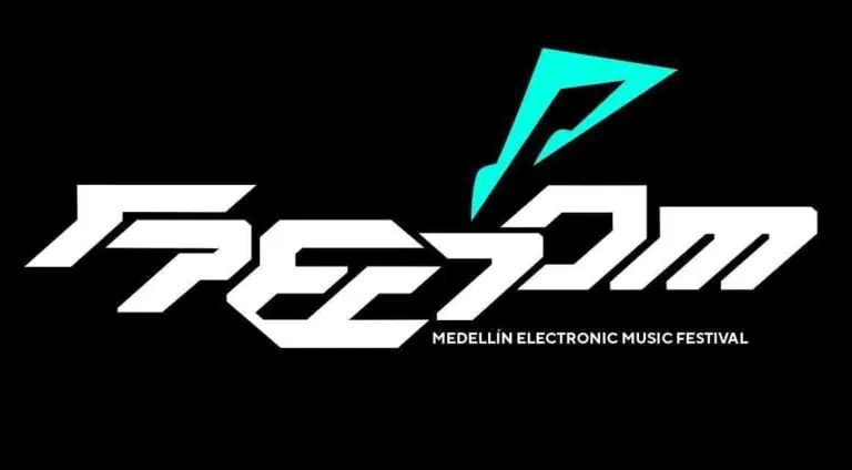 Eventario Logo du festival de musique électronique de Medellín avec un design futuriste et un élément graphique de couleur aqua.