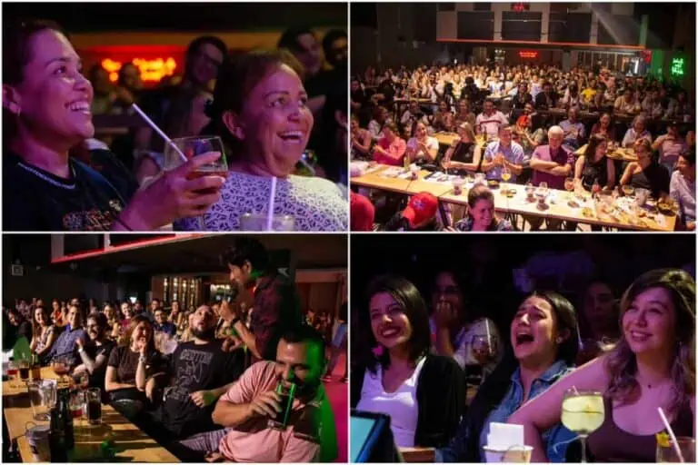 Profitez d'un événement en direct avec un public diversifié et engagé dans une ambiance festive et animée. Les participants rient et passent un bon moment lors d'un événement divertissant et propice au réseautage.