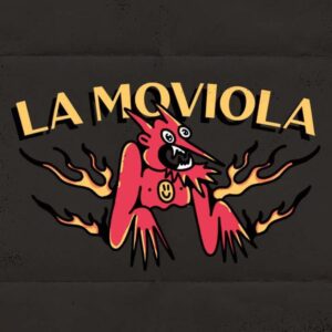La Moviola: Estilo de ilustración colorido y llamativo de una criatura fantástica con fuego y texto en fondo oscuro, ideal para eventos y entretenimiento creativo.