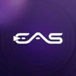 EAS 标志以紫色为背景，采用现代设计，突显了活动和技术领域的创新。