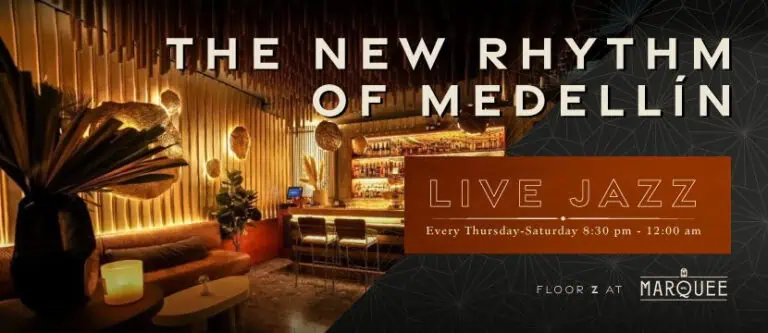 Enjoy live jazz in Medellín, Thursday through Saturday, from 8:30 pm to 12:00 am, in an exclusive setting on Floor Z at Marquee, a vibrant and sophisticated musical experience.