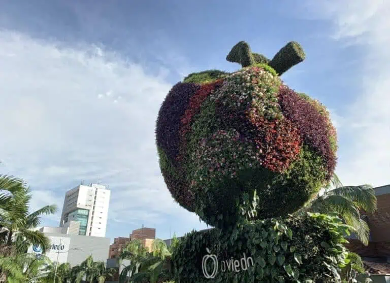 城市公园里，一个心形水瓶上覆盖着植物和鲜花，象征着可持续发展和自然生活。