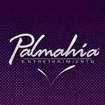 Logo Palmahí Entertainment avec un fond violet avec des points blancs et des lettres blanches, identité visuelle pour les événements et le divertissement en Colombie.