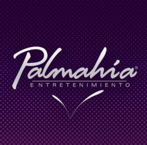 Palmahí Entretenimiento logotipo con fondo morado con puntos blancos y letras blancas, identidad visual para eventos y entretenimiento en Colombia.
