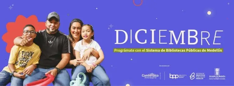 Medellín Public Library, December activities program, invitation to participate in the public library system for children and families.