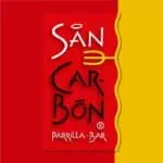 SÁN CARBÓN Grill-Bar 餐厅标志，采用现代多彩风格。醒目且富有艺术感的设计，旨在推广哥伦比亚的活动、烧烤和酒吧服务。