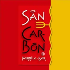 SÁN CARBÓN Grill-Bar, logo del ristorante in stile moderno e colorato. Design accattivante e artistico per promuovere eventi, servizi di grill e bar in Colombia.