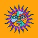 Art moderne avec un visage de soleil coloré dans un style abstrait sur fond orange.