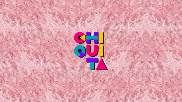 粉色底色，配以色彩鲜艳的字母“chiquita”，风格现代而有趣，毛绒绒的背景，优雅的设计，适用于活动和营销，品牌适用于社交和促销活动。