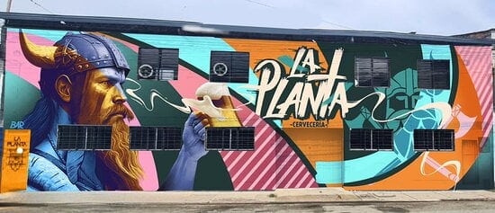 Un mural de graffiti que presenta un guerrero vikingo con barba y casco, sosteniendo una taza de cerveza, en un fondo colorido y artístico, promoviendo La Planta Cervecería.