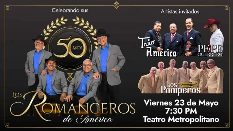 美洲浪漫乐队成立 50 周年庆典，特邀嘉宾包括美洲三重奏、佩佩·格雷罗和洛斯·潘佩罗斯，在大都会剧院举行音乐会，音乐盛会，哥伦比亚传统节日，现场艺术庆典，民俗音乐表演。