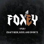 Foxy Pub logo with a guitar, specializing in craft beer, rock, and sports in a modern and attractive setting. A dark background design with eye-catching typography is ideal for events and beverage promotions.