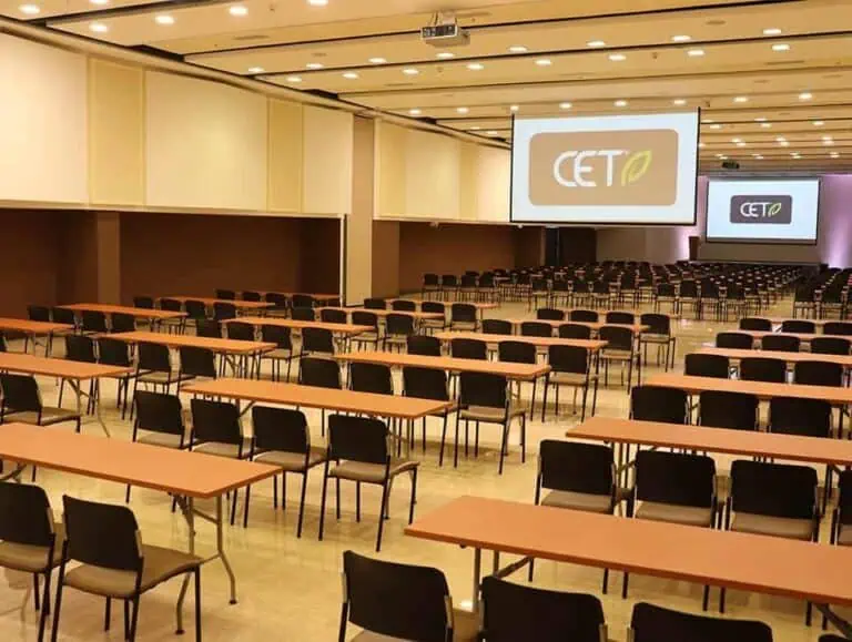 Salle de conférence équipée pour événements d'entreprise et formations, avec grands écrans et disposition en rangées pour une expérience professionnelle et efficace.