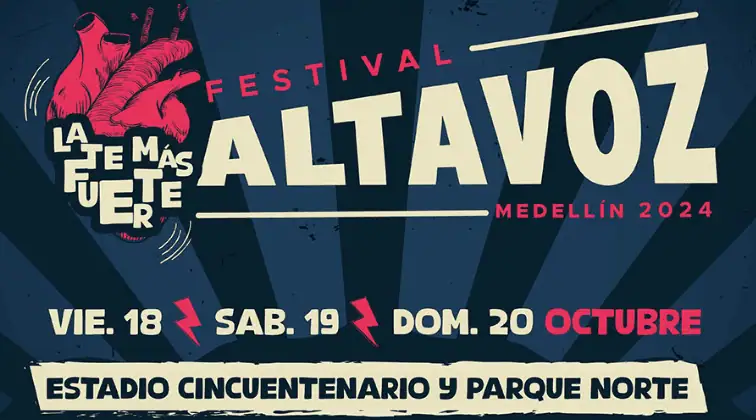 Alt text: Cartel del Festival La Tete Más Fuerte, Altavoz Medellín 2024, con elementos gráficos y fechas del evento en octubre 2024.