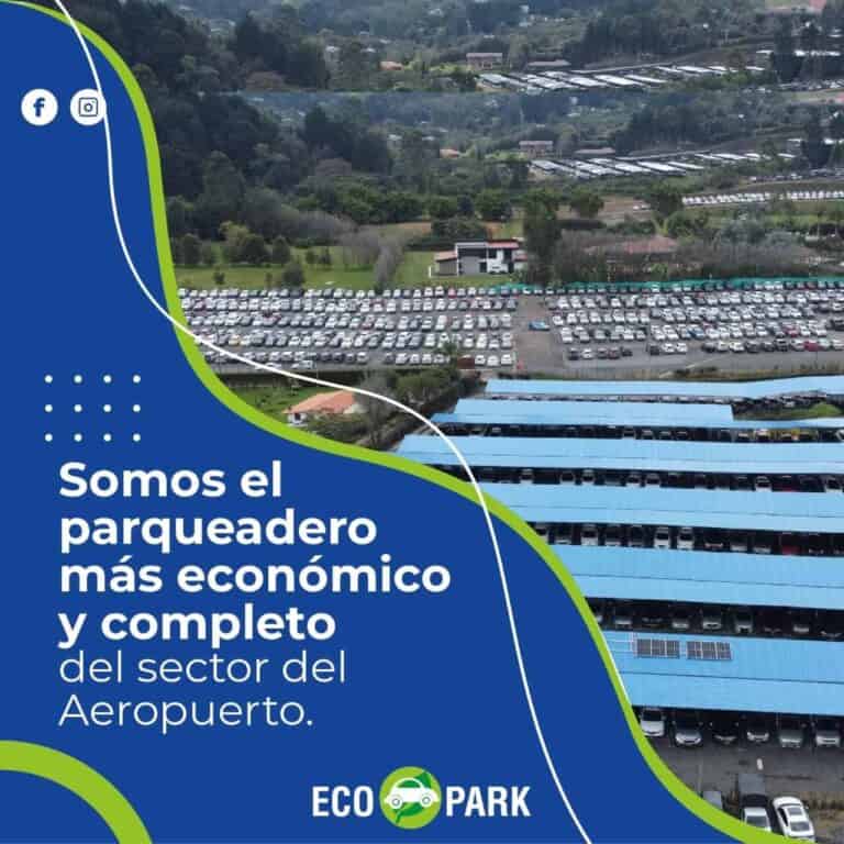 Estacionamiento ecológico en aeropuerto con espacio para muchos autos y áreas verdes cercanas, servicio de parqueadero económico y completo para viajeros y visitantes en la región.