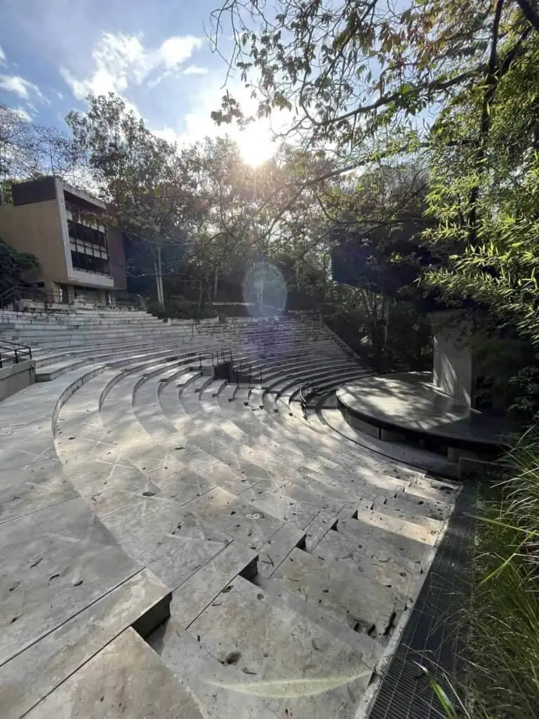 An open-air amphitheater in a natural setting with trees and sunlight, ideal for events and presentations, located in an eco-friendly and modern event space surrounded by nature.