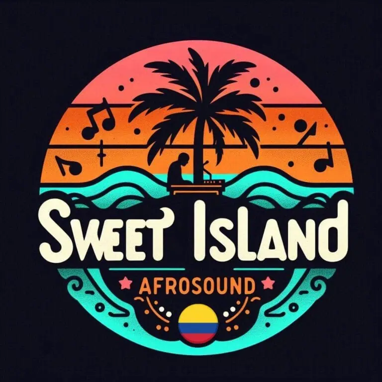 Palm tree, sea, DJ silhouette, sunset background, musical notes, musical event, festival label, beach inspiration, artistic design, live music, music festival, summer event, Colombian cultural identity, entertainment, community, fun, urban art.