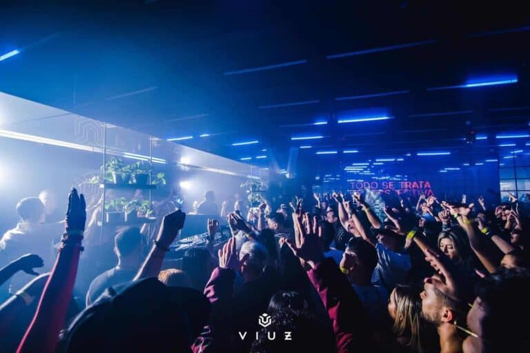 Fiesta en un evento en vivo con DJ y público disfrutando la música, iluminación moderna y ambiente energético en un espacio de evento.