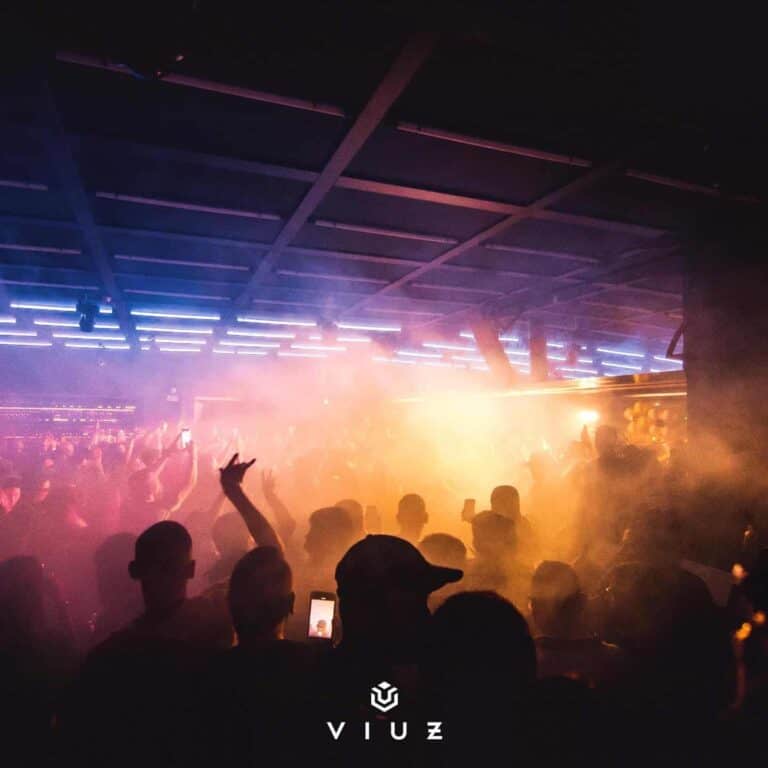 Fiesta en un evento con luces de colores, humo y público disfrutando de la música en un ambiente nocturno y animado, promoviendo eventos y entretenimiento en vivo.