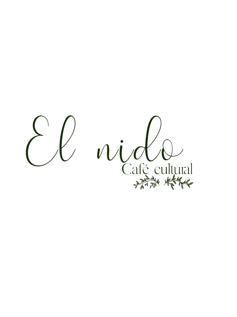 Café cultural El Nido con logo en estilo elegante y detalles de hojas verdes, ideal para eventos y encuentros culturales en Colombia.