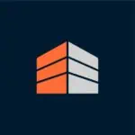Modern building with architectural design in orange and gray colors on a dark blue background.
