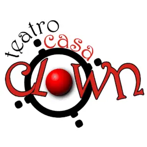 Palla rossa al centro con grafica orologio e scritta "talentro casa clown" nei colori rosso e nero, design moderno per promuovere eventi e attività in casa.