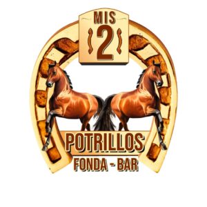 Cerveza con dos caballos, logo de "Mis 2 Potrillos" en el centro, para bar y fonda, con temática de caballos y cerveza artesanal. Diseño que combina elementos tradicionales y modernos.