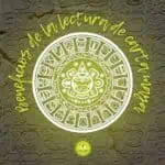 Un symbole de la culture maya avec un calendrier aztèque et des symboles ancestraux, de l'art et de la tradition, sur un fond de pierre sculptée, promouvant des événements culturels et touristiques en Colombie.